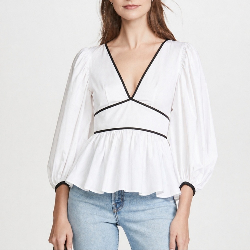Staud | NWT Luna Contrast Peplum V-Neck Open Back Top in White & Black